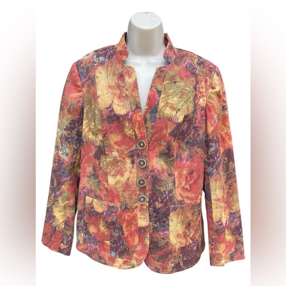 COLDWATER CREEK 14 Womens Suit Jacket Red Gold Floral Button Cuff Stretch Lined